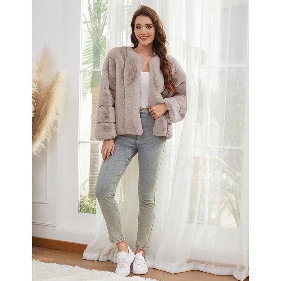 Women's Faux Fur Coat Long Sleeves Open Front Warm Winter Cropped Jacket Khaki - Picture 3 of 6